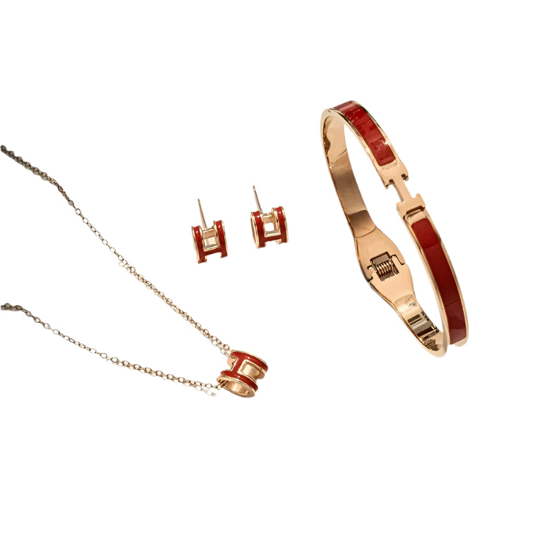 Red 3 Piece Barrel Earring Necklace & Bracelet Set